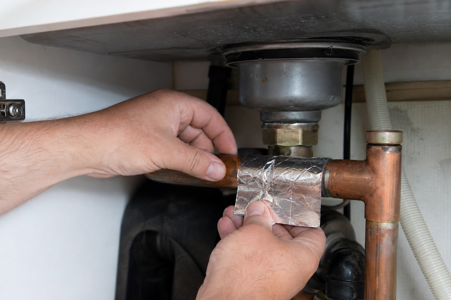 Aluminium butyl tape wrapped around a pipe joint under a sink